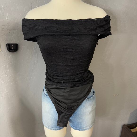 Lulus Sultry Whimsy Black Lace Off-the-Shoulder Bodysuit, Small, 2495831 - Picture 3 of 8